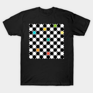 Black and white repeating pattern with colorful dots T-Shirt